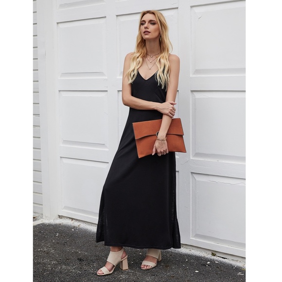 Black Cami Slip Casual Maxi Dress w/ Slits - Picture 6 of 9